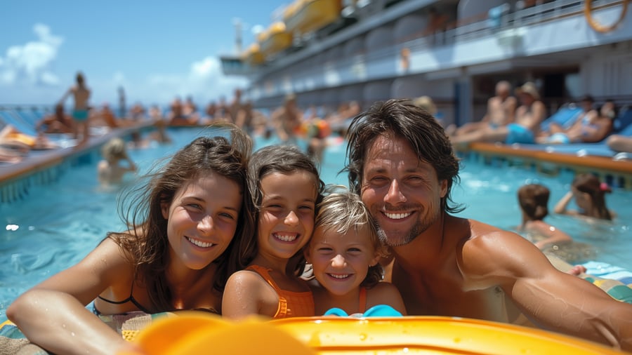 Mom, Dad and two young kids on a cruise ship in the pool, enjoying their vacation