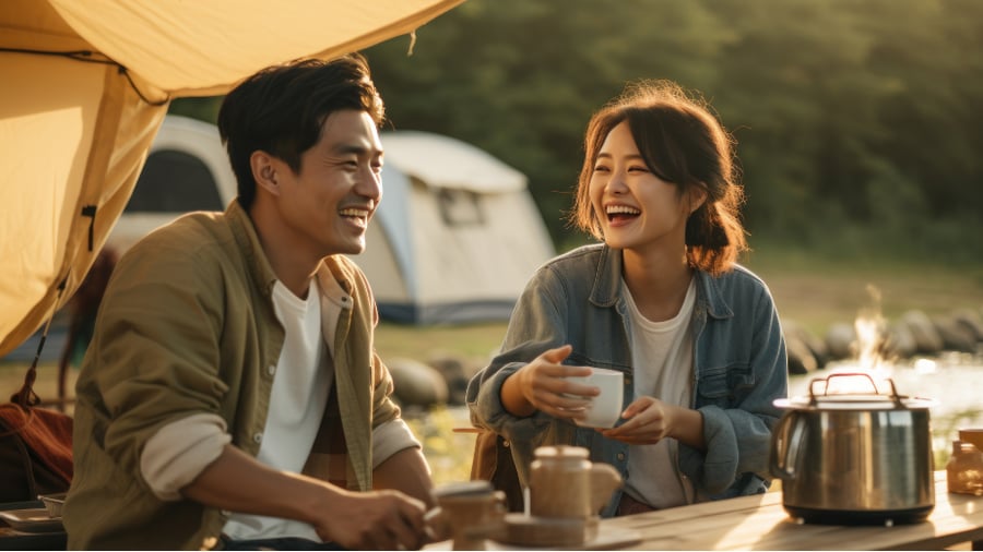 Happy Couple camping and enjoying a morning cup of coffee. 