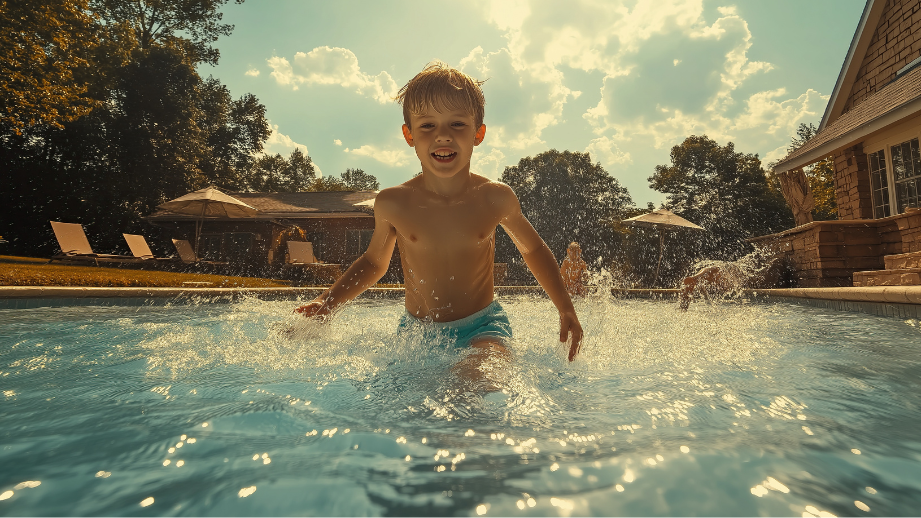 Little boy in the pool, in his back yard having fun swimming and splashing in the water