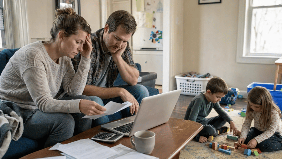Middle aged couple at home with two young children looking at laptop computer and overwhelmed by finances and bills