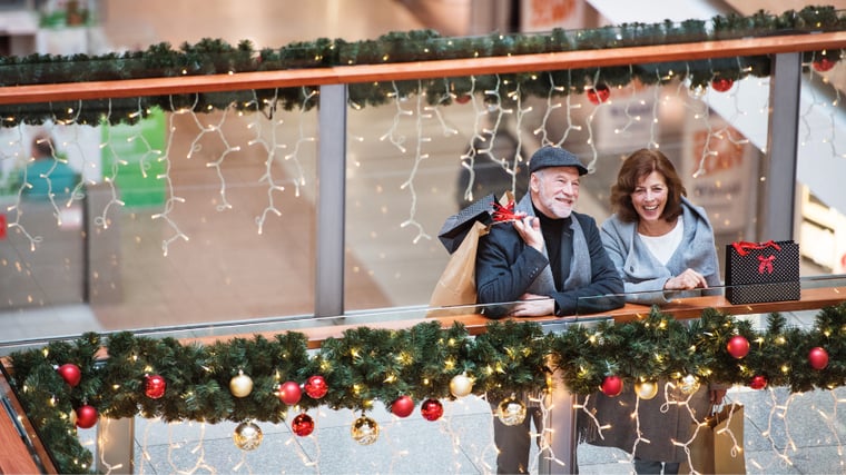 Happy Senior Citizen Couple holiday shopping at the mall. 
