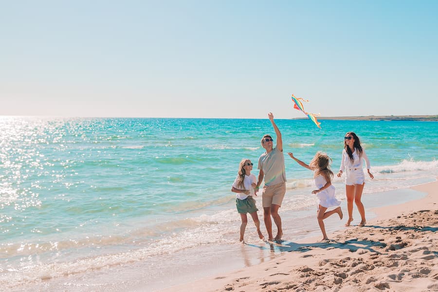 Family playing with a kite on the beach