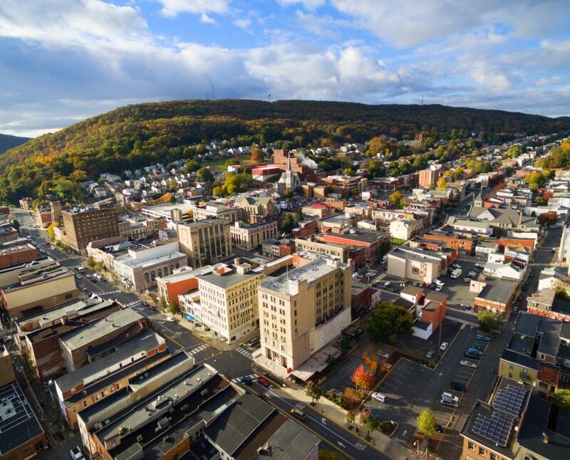 Pottsville drone image, of all of the local roads and buildings. Schuylkill County is the county that CACL Federal Credit Union proudly serves.