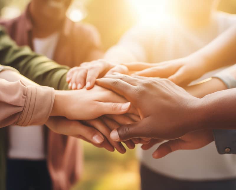 All hands coming together, showing unity, support, and help in hard times. People from all races are coming together.