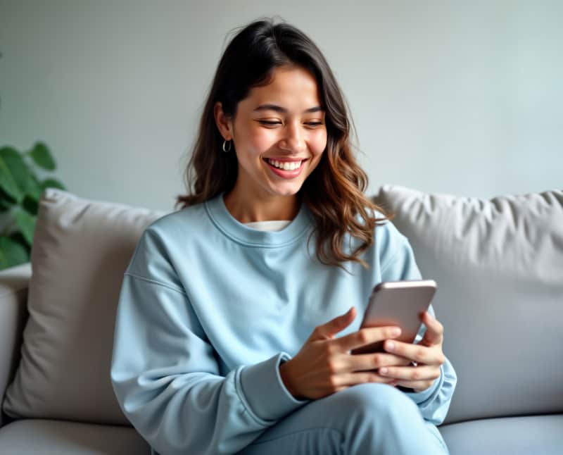 Hispanic woman with her phone on the couch, smiling while completing her online banking in the comfort of her home.
