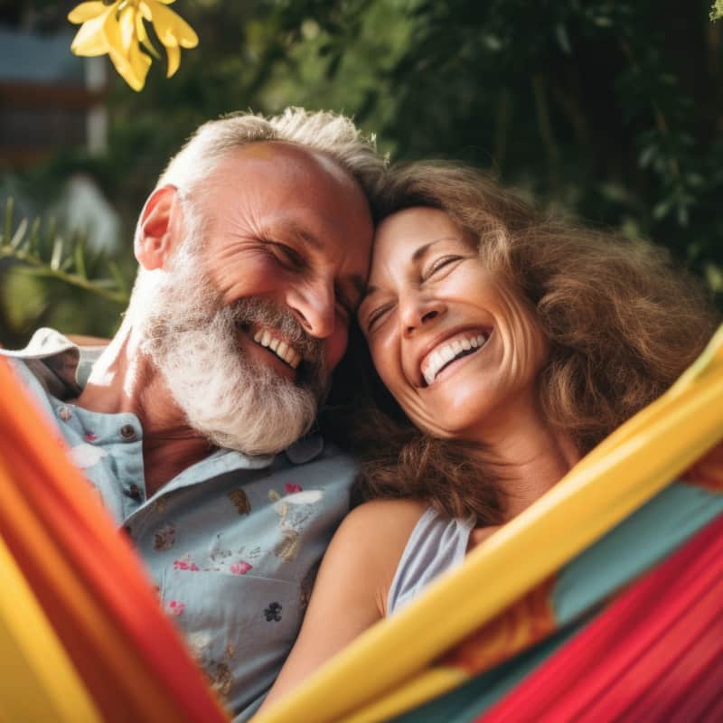 A happy retired couple resting together on a hammock, knowing their money is safe and secure in their money market account.