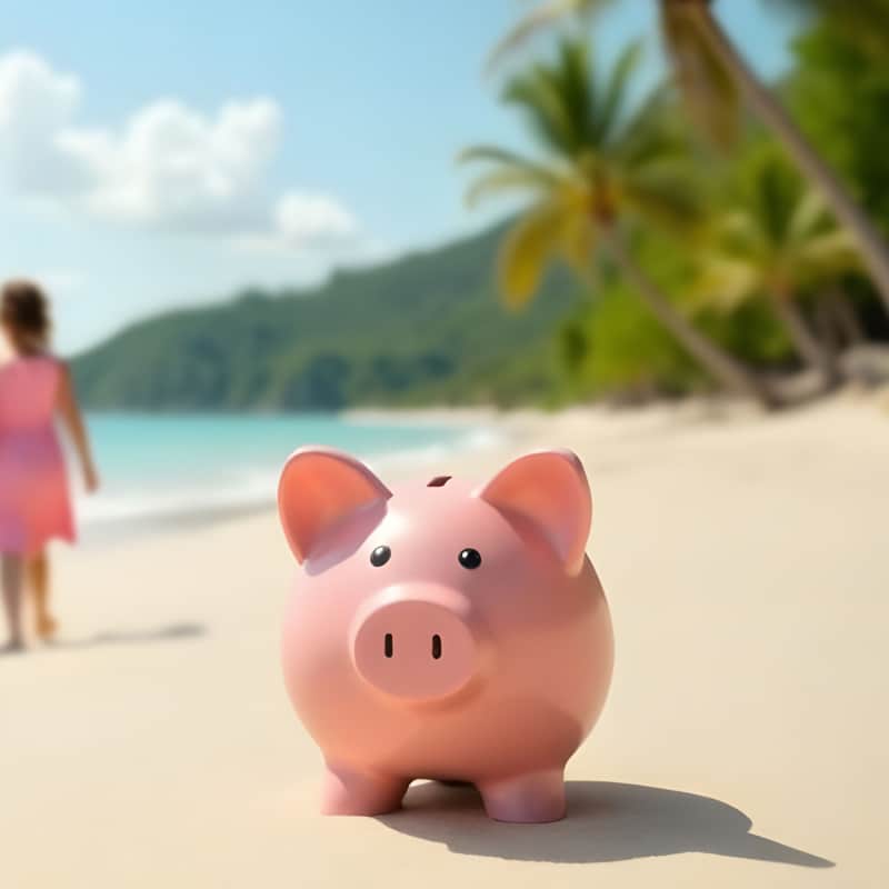 Piggy bank on a beautiful beach, with a family of three walking along the coast, in the background. They are happy and enjoying the benefits of financial responsibility.